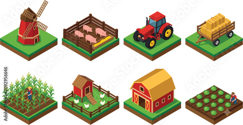 Schilderij op canvas Isometric farm elements set with animals buildings and agricultural machinery