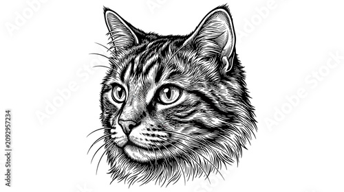 Canvas Print Detailed Black and White Cat Head Sketch Portrait, Realistic Drawing, Tattoo Des