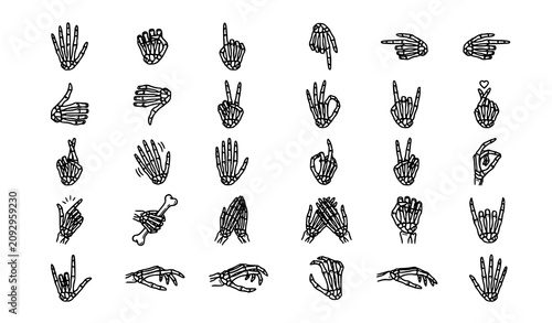 Tableau sur toile Skeleton Hand Gesture Outline Icon Set with Spooky Bone Signs Editable Black and