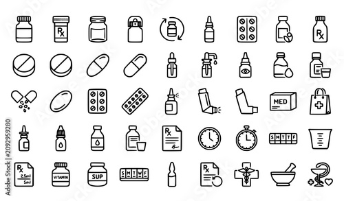 Foto Pharmacy Medicine Outline Icon Set with Pill Bottle Capsules Blister Pack and Dr