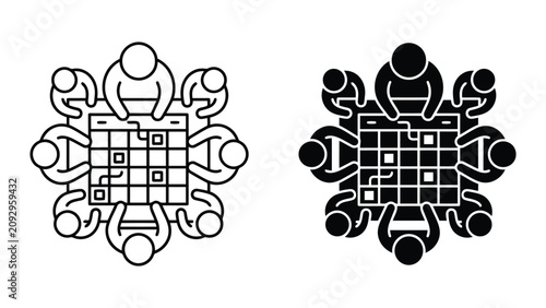 Team strategic planning session table icon set with planning strategy business