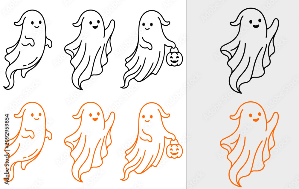 Fototapeta premium Cute Hand Drawn Ghost Character Set for Halloween Decorations and Spooky Seasonal Graphic Design Projects