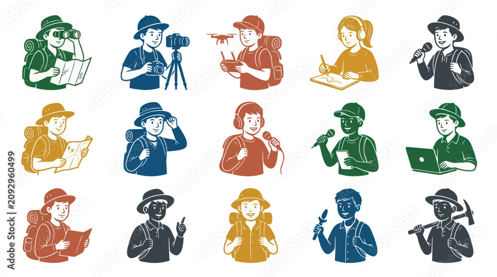 Obraz premium Adventure, Travel Journalism Professions: Diverse Stylized Cartoon Characters Vector Illustration Set
