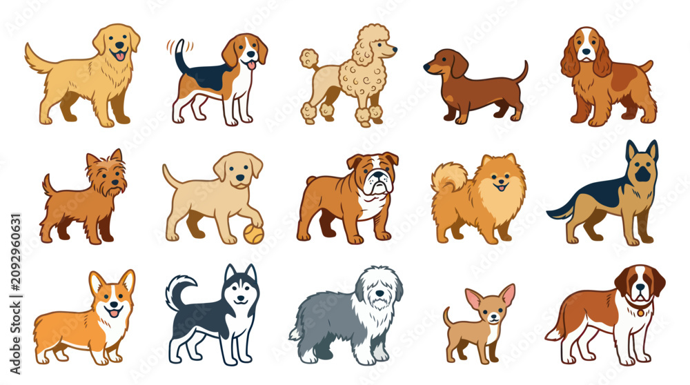 Obraz premium Flat Design Vector Illustration of Various Dog Breeds