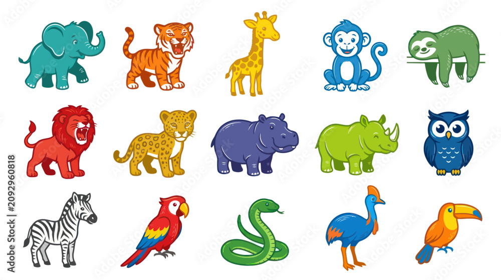 Fototapeta premium Cute Cartoon Wild Animals Vector Set for Children's Education and Wildlife Illustration