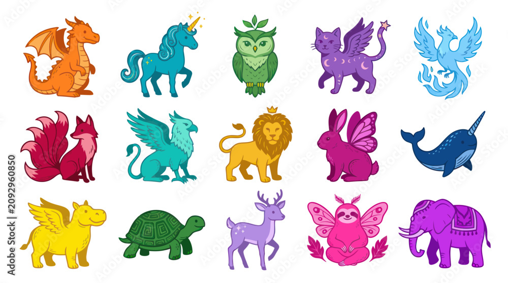 Fototapeta premium Cute Fantasy Animals and Mythical Creatures Flat Vector Illustration Set for Kids Design