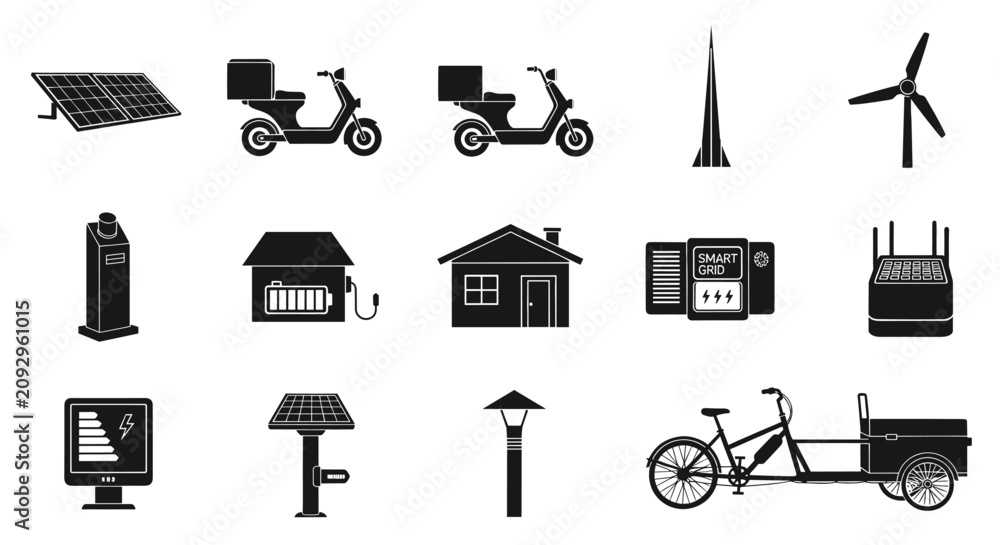 Fototapeta premium Sustainable energy and green transportation silhouettes set.