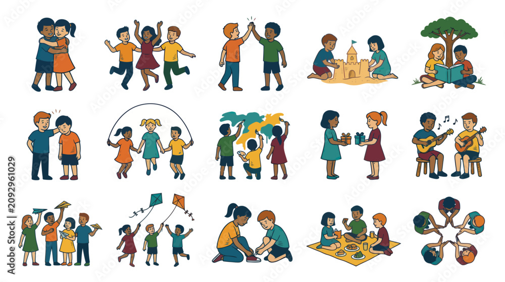 Fototapeta premium Happy Children Playing Learning Flat Vector Illustration Set: Kids Friendship Childhood Development Concepts