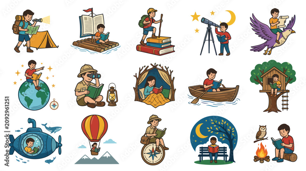 Fototapeta premium Childhood Education and Adventure Cartoon Vector Illustration Set with Boys Reading and Exploring