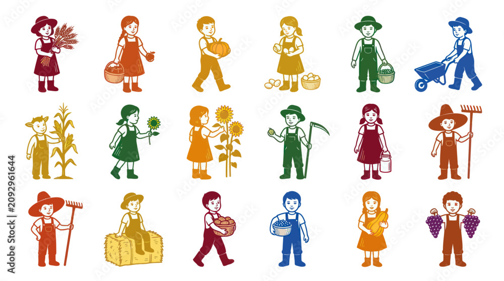 Fototapeta premium Flat Design Agriculture Farm Harvest Icons Set with Farmers, Children, Crops and Garden Tools