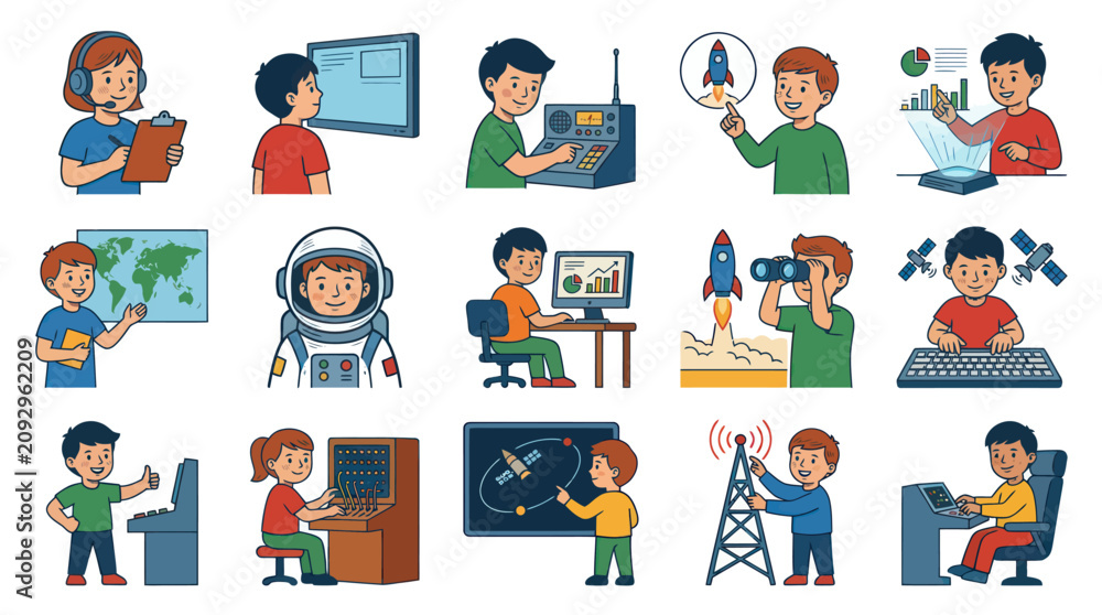 Fototapeta premium Kids STEM Education Flat Vector Illustration Set: Children Learning Technology, Science, Space Communication.