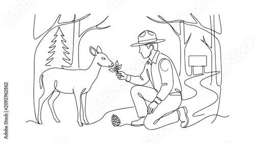 Bilde på lerret 自然保護官が森で鹿に葉を与える、ミニマルな一本線画イラスト。環境保護、野生動物の世話、自然との共生を象徴するベクターアート。