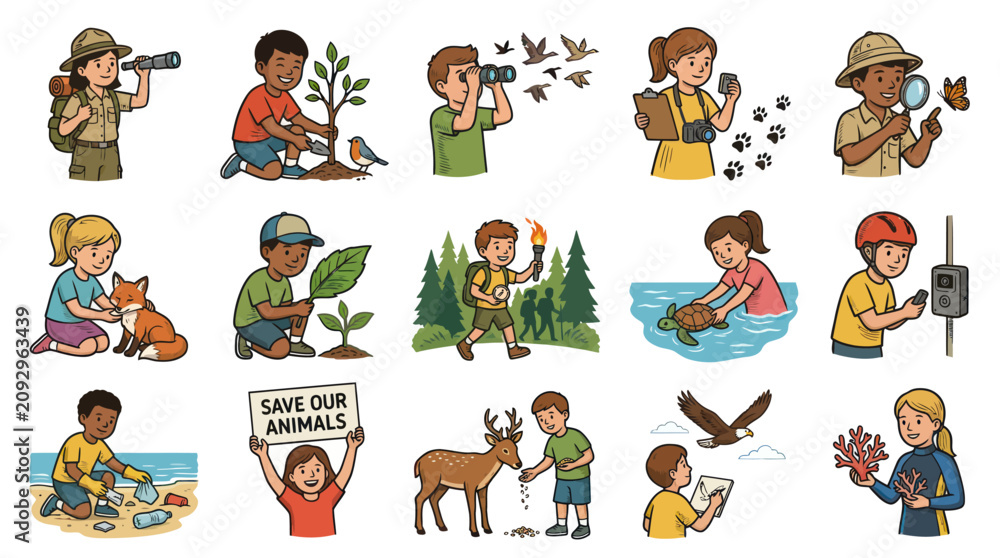 Fototapeta premium Diverse Children Exploring Nature, Planting, Observing Wildlife, Eco Education - Flat Vector Art