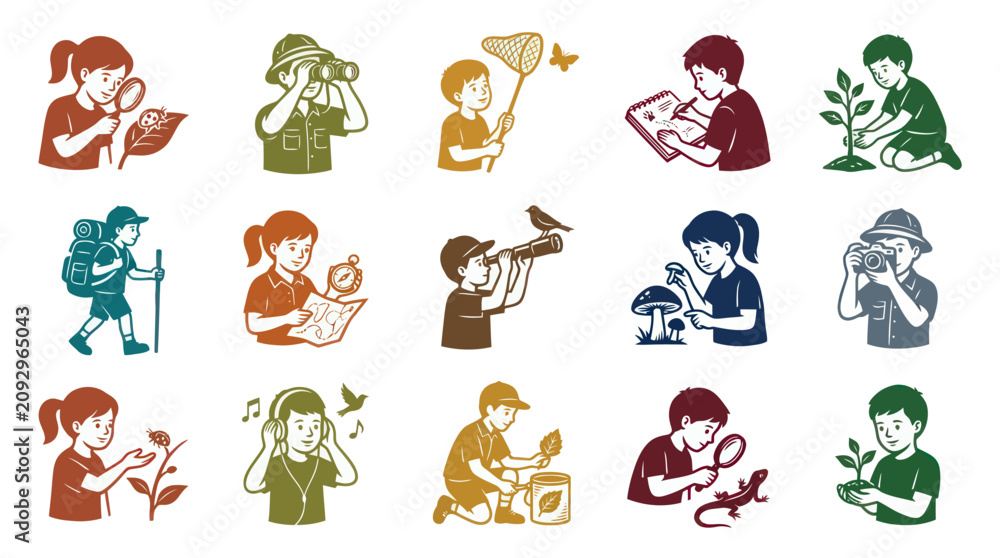 Obraz premium Children Nature Exploration Graphic Illustrations: Kids Learning Discovering Environment, Vintage Inspired Art