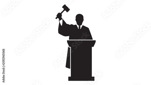 Fotografie Black silhouette of a judge holding a wooden gavel at podium