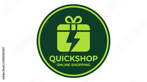 Quickshop Online Shopping Logo with Gift and Lightning Bolt.