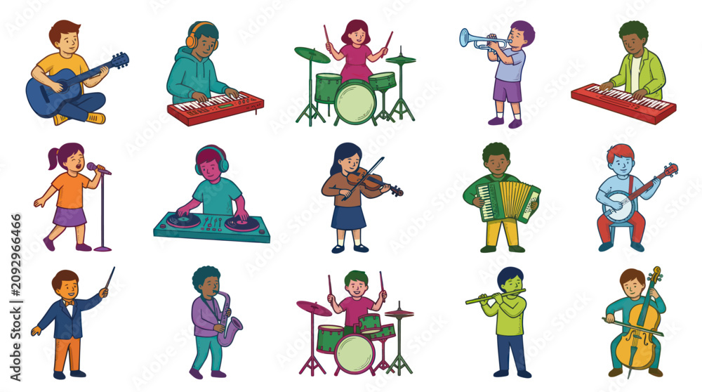 Fototapeta premium Diverse Children Musicians Playing Various Musical Instruments Cartoon Vector Illustration Set for Music Education