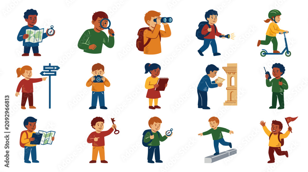 Fototapeta premium Children explorers on adventure with map, compass, binoculars, scooter