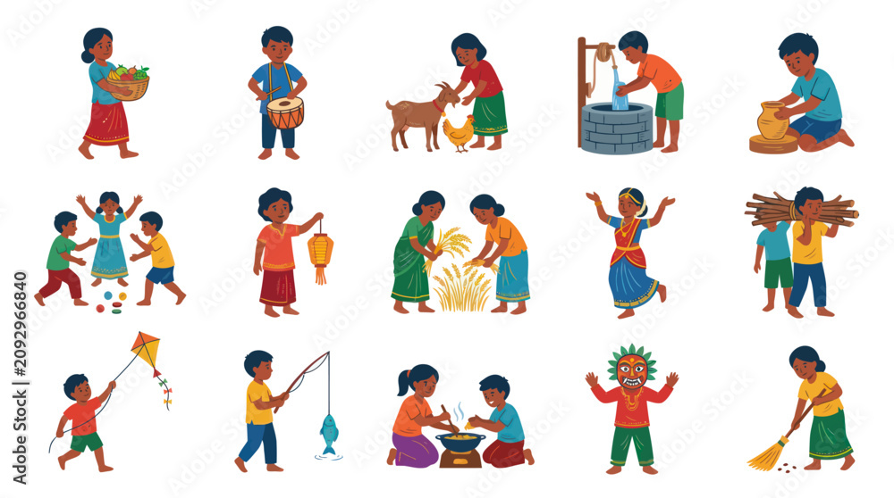 Fototapeta premium Indian Children Doing Daily Chores and Activities, Flat Vector Illustration