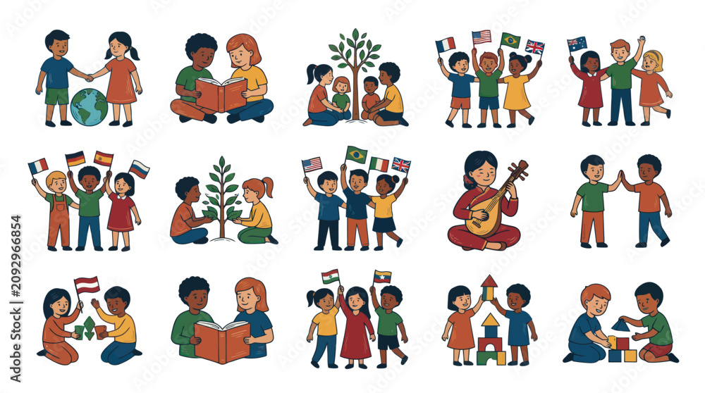 Fototapeta premium Diverse children learning, playing, and celebrating global unity, flat illustration