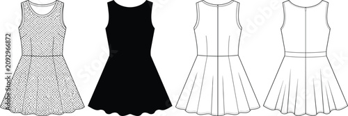 Modern fashion technical sketch of women sleeveless skater dress featuring flared skirts and patterned silhouette for apparel manufacturing vector outline drawing