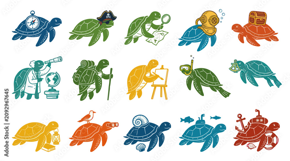 Obraz premium Adventure Turtles Textured Vector Illustration Set. Marine, Travel, Exploration, and Education Graphic Art Collection.