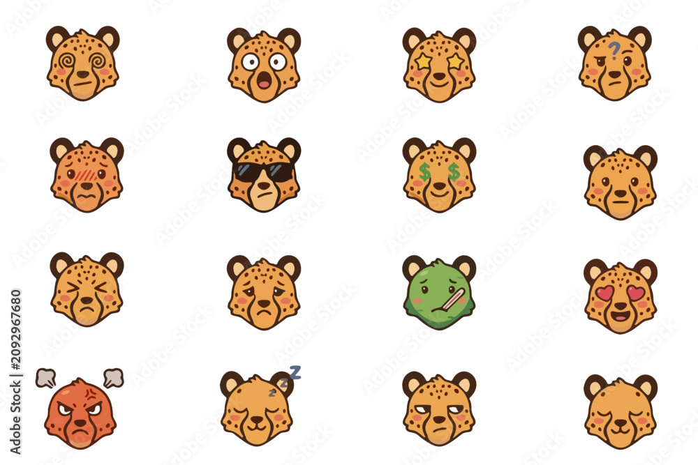 Obraz premium Cheetah Cartoon Set Icon Emoji