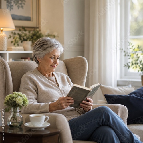 Senior Woman Reading Book in Cozy Home Interior