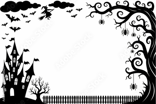 Scary halloween border frame featuring spooky castle trees and flying bats