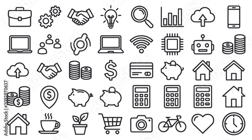 Cuadro en lienzo Business finance and office equipment line icons.