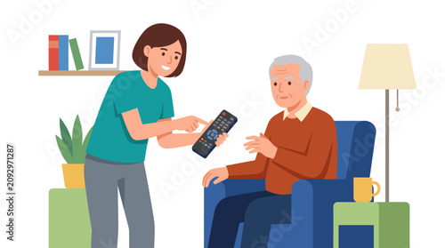 Photos Caregiver showing senior man how to use remote.