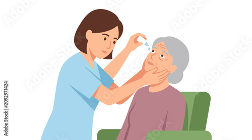 Fotografi Caregiver applying eye drops to elderly woman.