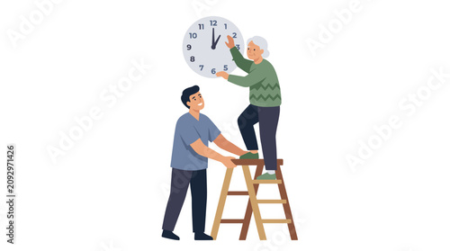 Fotografía Caregiver assisting elderly man on ladder with clock.