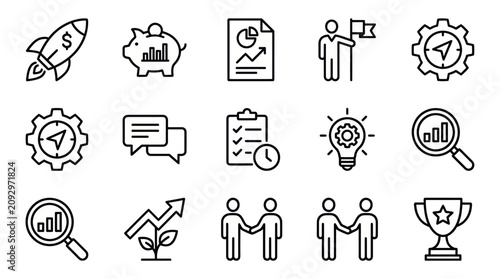 Business growth strategy and startup success line icons.