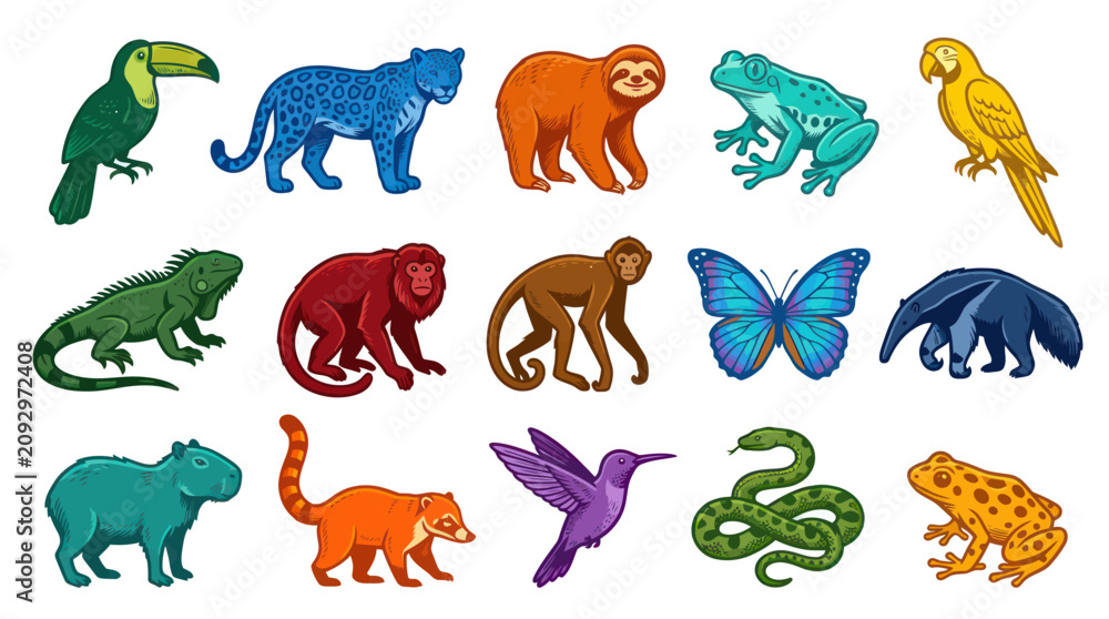 Fototapeta premium Colorful Cartoon Tropical Animals Vector Illustration Set for Nature and Wildlife Projects