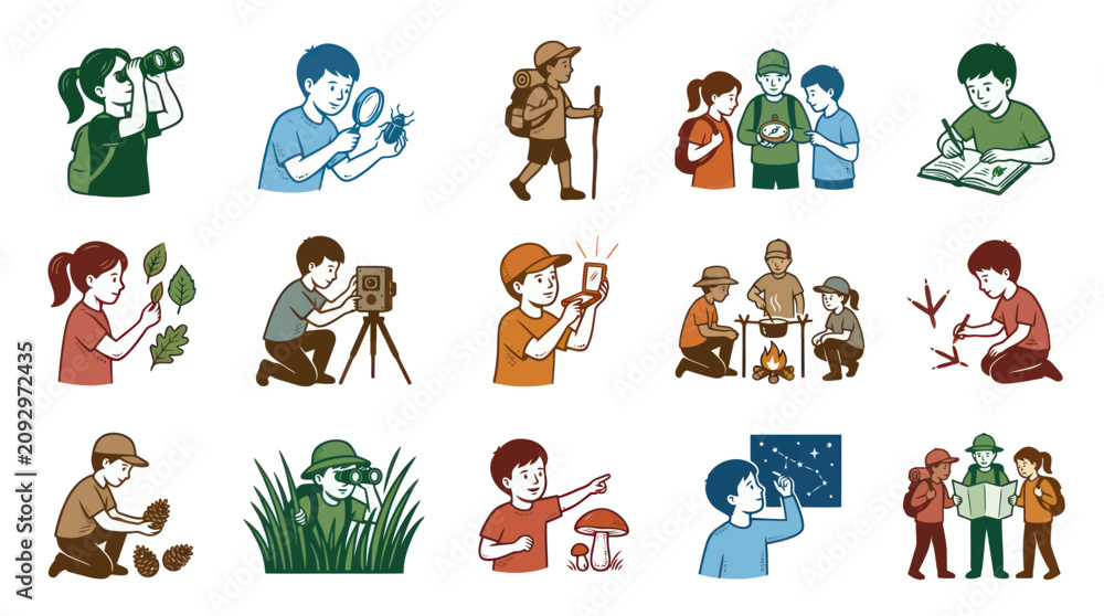 Obraz premium Kids Learning Outdoors: Nature Exploration, Camping, Science Vector Illustrations