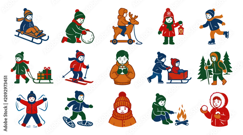 Fototapeta premium Children Winter Activities Flat Vector Illustration Set. Kids Playing in Snow, Sledding, Skiing, Skating, Christmas Holiday Icons.
