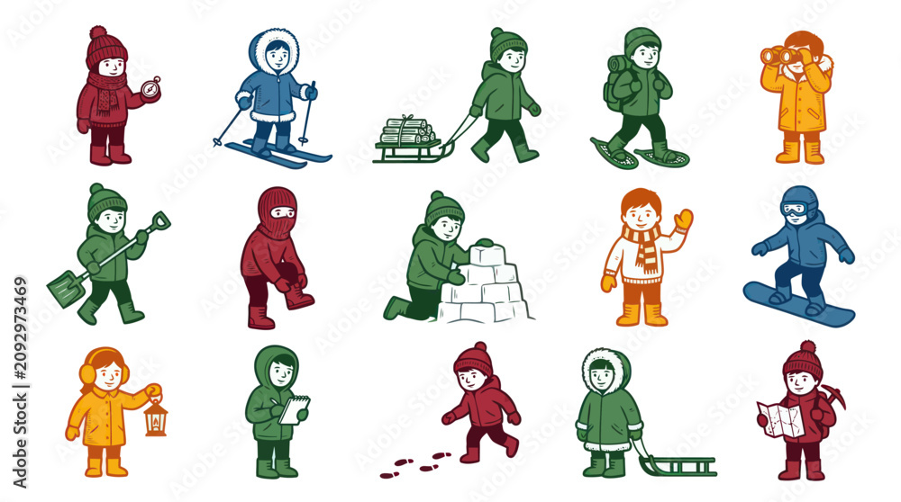 Fototapeta premium Flat Vector Illustration of Happy Children Enjoying Winter Activities, Outdoor Sports, and Cold Weather Fun