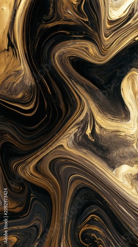 Vertical fluid art with liquid gold swirls in dark charcoal resin.