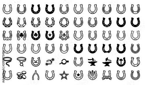 Modern Horseshoe Luck Symbol Icons Good Fortune Black Editable Vector Illustration Set