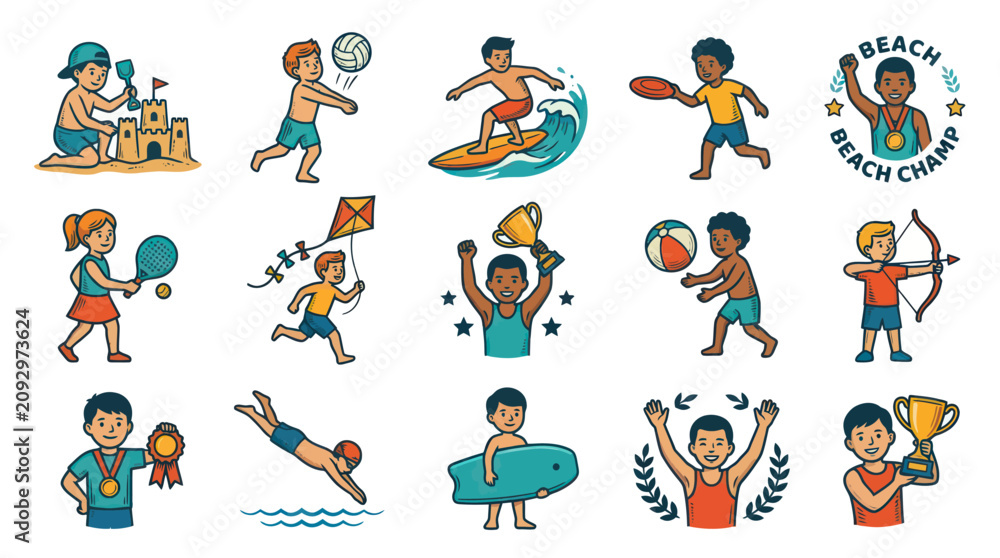 Fototapeta premium Children Summer Beach Sports Fun Cartoon Vector Illustration Set with Winning Trophies