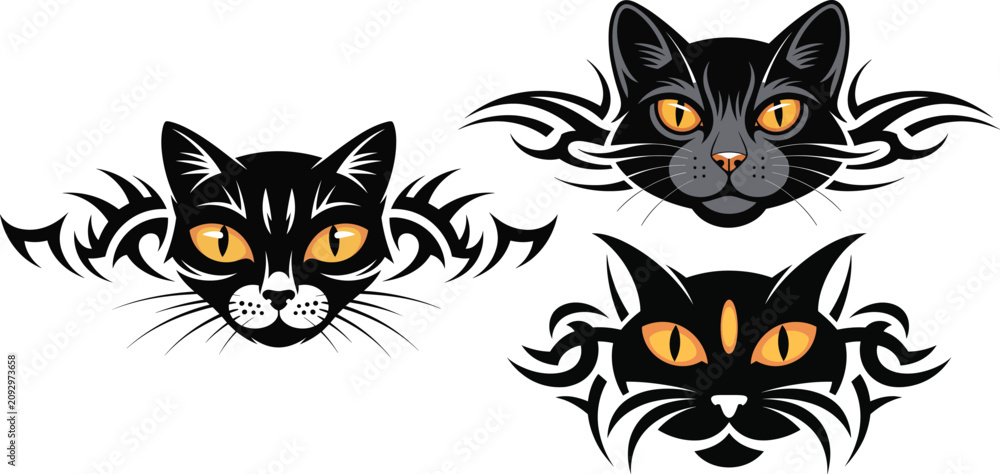 Fototapeta premium Set of black cat head vector illustrations with tribal tattoo ornaments and sharp yellow eyes on white background