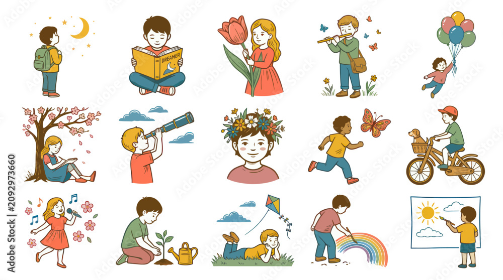 Fototapeta premium Diverse Children Activities Vector Art: Reading, Playing Music, Cycling, Gardening