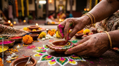 Woman preparing oil lamps for Diwali festival celebration.