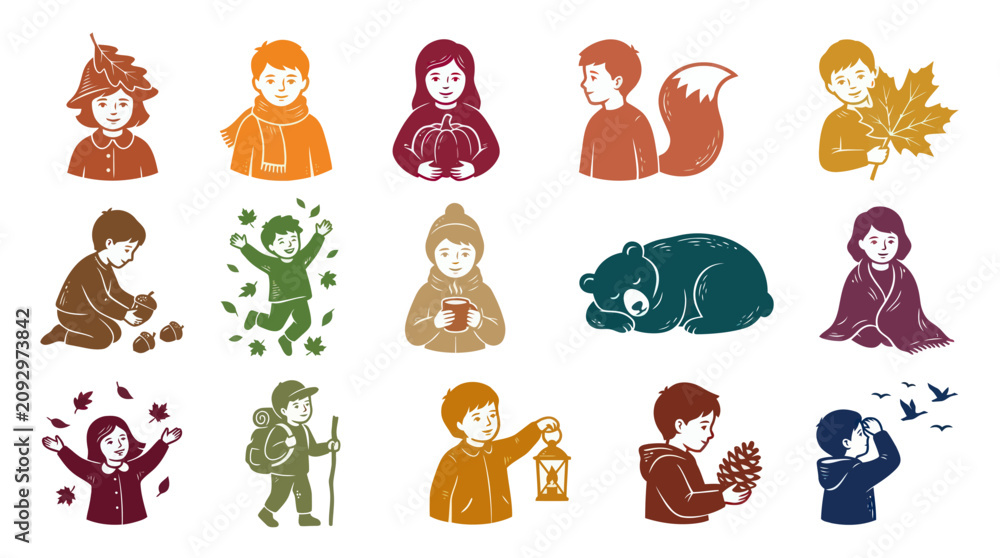 Fototapeta premium Autumn Kids Nature Stylized Graphic Illustrations for Fall Activities Seasonal Elements