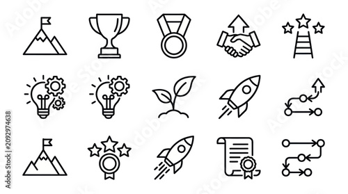Business success and startup growth linear icon set.
