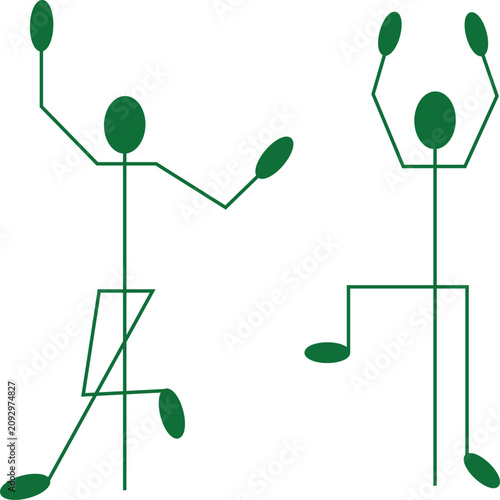 Two green stick figures dancing and moving their bodies in a fun and energetic style isolated on transparent background.