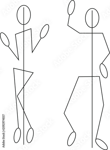Two stick figures showing dynamic dancing poses with simple line drawing style isolated on transparent background.