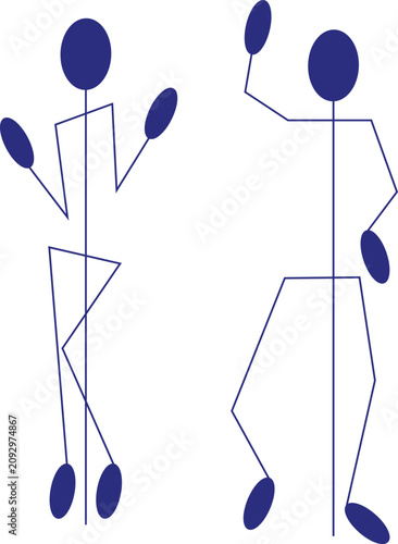 Two funny stick figures dancing and moving in a creative and happy style illustration isolated on transparent background.