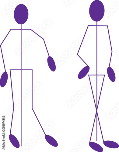 Two purple stick figure people standing in different poses for simple graphic design isolated on transparent background.